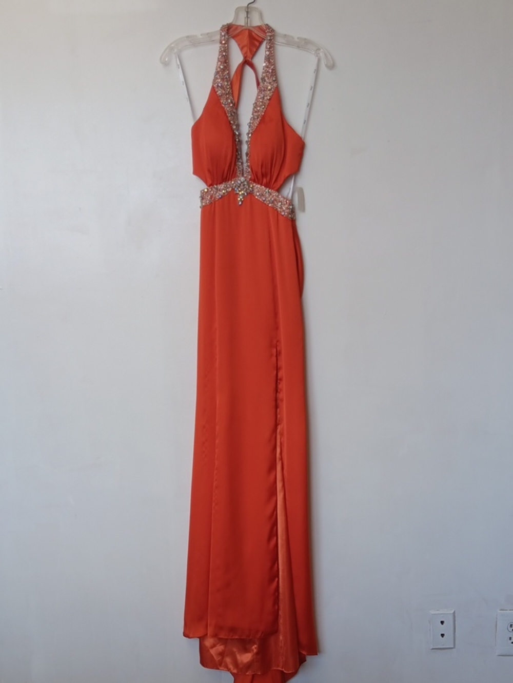 Vintage Riva Designs Orange (Tungerine) Halter Maxi Gown with Crystal Trim